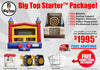 Big Top Starter Package advertisement with inflatable castle, arcade game, and promotional text on a white background.