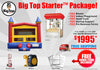 Big Top Starter Package advertisement with inflatable bounce house, popcorn machine, and promotional text.