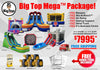 Promotional image of a Big Top Mega Package with inflatable slides and other equipment on a white background.