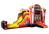 Children's inflatable slide and play structure with movie night theme on a white background