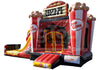 Inflatable bounce house themed like a movie night with popcorn cups and a slide.