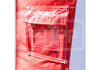 Close-up of a red fabric pocket with white stitching on a light gray background.