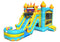 Colorful inflatable slide and bounce house with sunglasses on a white background