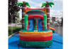 A colorful inflatable bounce house double slide lanes with a palm tree and coconut tree design, featuring a slide and splash landing area.