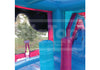 Side view of Good Life Fun Combo Bounce House with attached slide, mesh safety panels, pink and blue inflatable castle