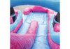 Close-up of slide landing of Good Life 3D Fun Combo Bounce House, cushioned pink and blue inflatable surface, safe play area