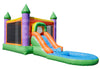 Colorful inflatable bounce house with slide and water pool on a white background