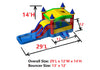 Colorful inflatable bounce house with dimensions labeled on a white background