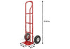 Red hand truck with dimensions labeled on a white background