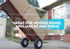 Red hand truck with large cardboard boxes in front of a house, with text 'Great for moving boxes, appliances and more!'.
