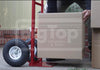 Person pushing a box labeled 'gTop Inflatables & Tents' with a red hand truck.
