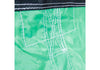 Close-up detail of a green waterproof fabric with white contrast stitching and a black mesh trim at the top.