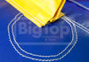 Close-up of a yellow inflatable tent section with white stitching.