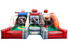 A multi-player inflatable bouncy castle designed with sports themes, featuring sections for baseball, football, basketball, and soccer on a white background.