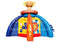 Inflatable bounce house with a trophy cup at the top, blue arch walls, a yellow and white target wall, and an orange central slide or climbing element on a white background.