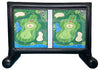 Golf simulator screen with two identical golf course layouts on a black stand.