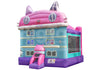 Inflatable bounce house and side view designed to resemble Gabby's Dollhouse with vibrant pink and purple colors, featuring character illustrations and a sign that reads 'Gabby's Dollhouse'.