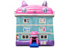 A large inflatable bounce house shaped like a cat-themed house, featuring a pink roof with cat ears, a light blue body, purple base, and a small pink slide in front. The front has illustrated windows and decorative graphics.
