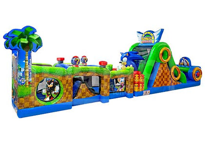 50-Foot Sonic Obstacle Course by SEGA, blue inflatable with tunnels and climbing obstacles, commercial-grade, for parties and events, sold by Big Top Inflatables