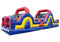 A large inflatable obstacle course slide with red, yellow, and blue sections, shown on a plain white background.
