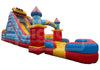 Colorful inflatable slide and castle structure on a white background