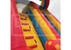 Colorful inflatable slide with red, yellow, and blue sections on a white background.