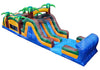 Colorful inflatable water slide with palm tree designs on a white background