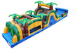 Inflatable obstacle course with tropical design on a white background
