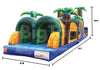 Inflatable obstacle course with palm trees and measurements on a white background