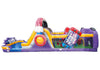 A large inflatable bouncy play structure with a purple base and walls, yellow and orange slide elements, a pink loop, a red and blue 'Beastly Battle Rings' obstacle, and a blue 'Game Over!' splash area, shown on a plain white background.