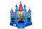 Inflatable castle with red towers and a dinosaur graphic on a white background