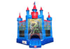 Inflatable castle with red towers and a dinosaur graphic on a white background
