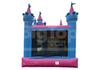 Inflatable castle bounce house with pink and blue colors on a white background.