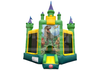 Children's inflatable dinosaur-themed bounce house with green, yellow, and purple colors on a white background.