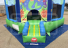 Colorful inflatable bounce house with ocean-themed design on a blue mat.