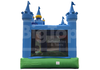 Blue inflatable castle with green base on a white background