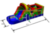 Colorful inflatable obstacle course with dimensions labeled on a white background