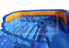 Blue inflatable slide with orange top corner on a white background