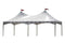 A high-peak frame tent with a white covering and red accents on the corners, designed for events and gatherings.
