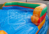 Inflatable pool with colorful edges on a grassy area