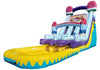 Colorful inflatable water slide with cartoon character on a white background
