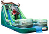 A 22-foot inflatable water slide designed with a bayou gator theme, featuring double lanes and pools at the bottom side view.