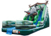 Inflatable gator slide with a gray alligator figure on a green and blue water slide, isolated on a white background.