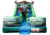 Inflatable gray gator figure on the slide, green and blue color scheme, and printed landscape graphics on the sides, isolated on a white background.