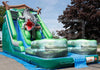 A 22-foot inflatable water slide designed with a bayou gator theme, featuring double lanes and pools at the bottom closeup.