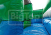 Close-up of an inflatable slide structure with green upper walls, blue lower walls and floor, and a white padded section on the right.