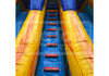 Colorful inflatable slide with blue and yellow sides and red steps on a white background.