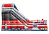 Inflatable fire truck bounce house with a gray slide, featuring red, white, and blue fire truck graphics on a white background.