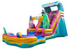 Colorful inflatable water slide with a small figure on a white background