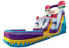 Colorful inflatable water slide with multiple slides on a white background